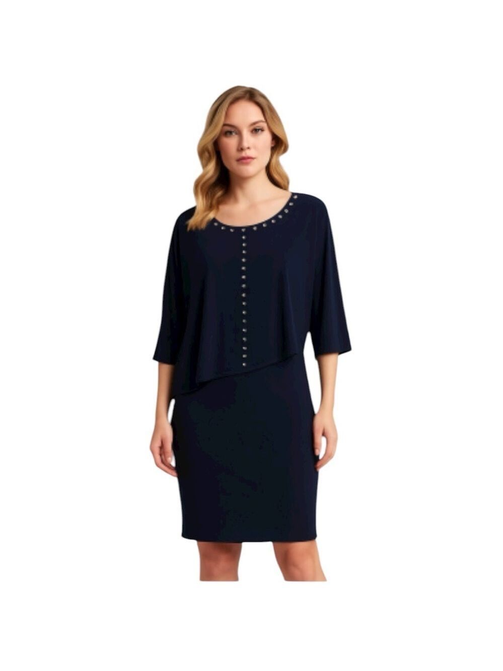 Joseph Ribkoff Navy Studded Layered Mini Dress Tunic Travel Knit Size 8 EUC